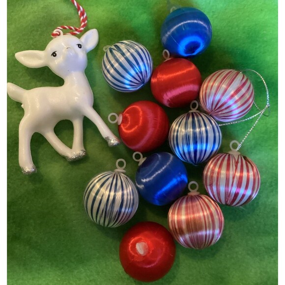Satin Spun Red & Red Striped Unbreakable 1.5" Christmas Ball Ornaments & Deer - Picture 1 of 10